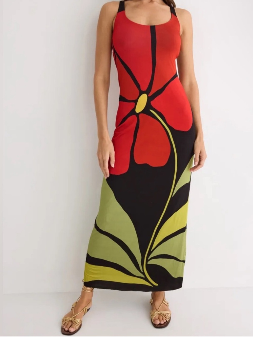 Cala de la Cruz Red Floral Maxi Skirt with Green Leaf Detail